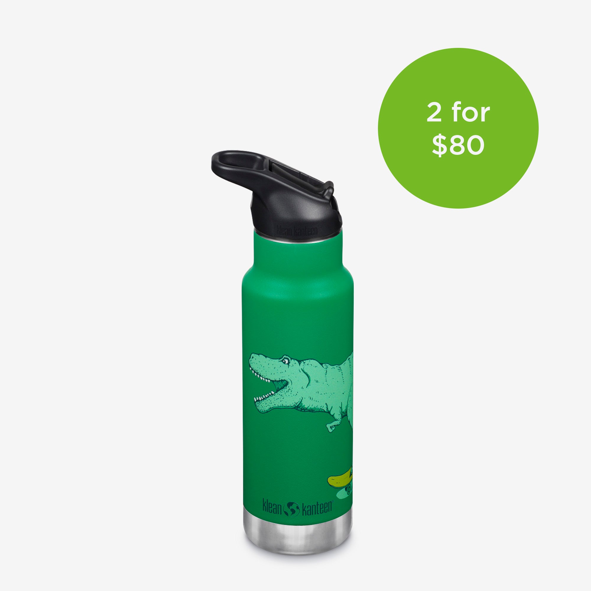 12oz (355ml) Kid's Classic Insulated Water Bottle with Flip Seal Sport Cap (Dino Skate Green)